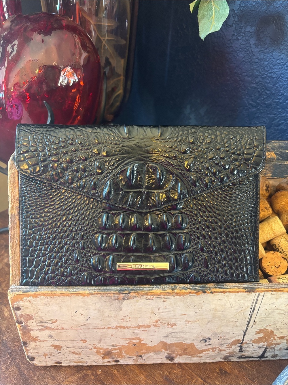 Brahmin L Salla Envelope Croc-Embossed Black Leather Clutch